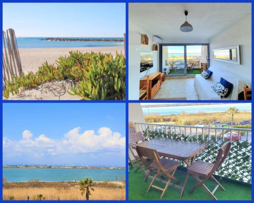a collage of four pictures of a house with a beach at Le Moderna 1 ère ligne Bord de Mer Palavas in Palavas-les-Flots