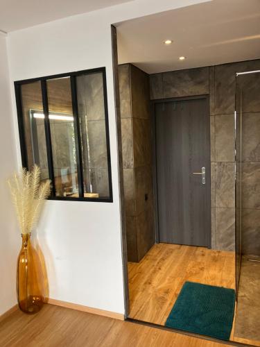 Cette chambre dispose d'une porte en verre et d'un vase avec un tapis vert. dans l'établissement Marseille super appartement Longchamp, à Marseille