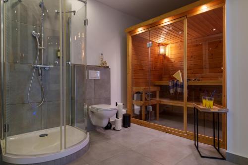 a bathroom with a glass shower and a toilet at Immo-Vision: Penthouse Wellness in Bergneustadt