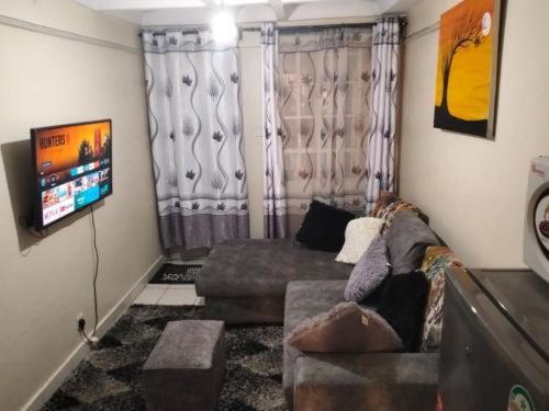 a living room with a couch and a flat screen tv at Legacy Stays in Kikuyu