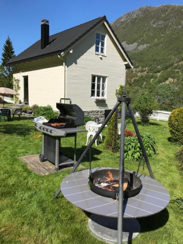 a backyard with a grill and a fire pit at Koselig feriehus, Birkedaltunet in Åheim