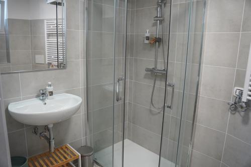 La salle de bains est pourvue d'une douche et d'un lavabo. dans l'établissement BARI VICA ROOMS, à Bari