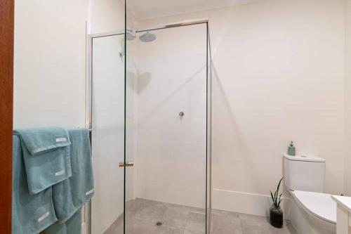 a bathroom with a glass shower with a toilet and a sink at Blueberry Farm Cottage in Willunga