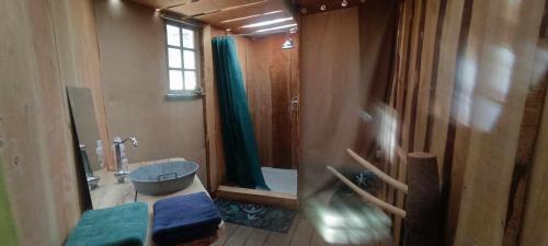 ein Badezimmer mit einer Dusche, einem Waschbecken und einer Badewanne in der Unterkunft Cabanes des Landes- cabane sur pilotis in Saint-Éloy-les-Tuileries