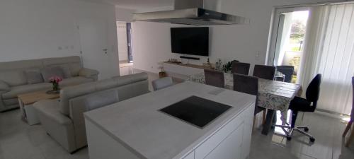 a living room with a couch and a table and a tv at Private Zimmer Wohnung Braunau in Dietraching