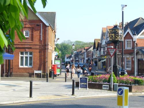 a town with people walking on a street with buildings at Large Luxury appartment in Cobham