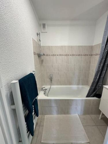 une salle de bain avec une baignoire et un lavabo dans l'établissement Appartement Agen sud, à Agen