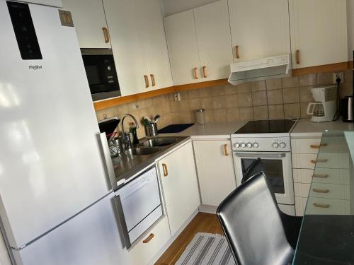 哥特堡的住宿－CITY Centrum，小厨房配有白色橱柜和水槽