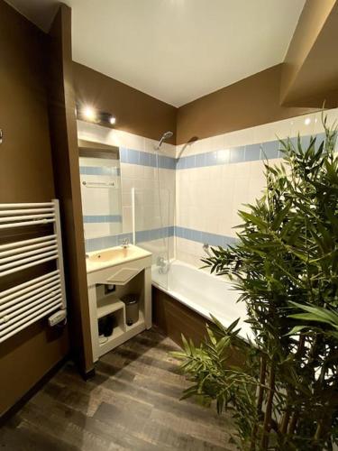 une salle de bain avec une baignoire et un lavabo et une baignoire dans l'établissement Appartement le Swing de Bacchus, à Deauville