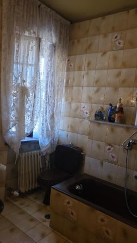 a bathroom with a toilet and a window with curtains at B&B La Gerbolina in San Giusto Canavese