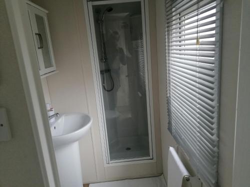 a bathroom with a shower and a sink at 26 Round Piece Lane in Selsey