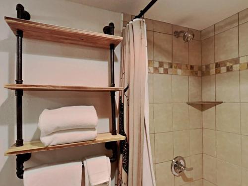 a bathroom with a shower with towels on shelves at Stylish 2BR Home Near Skiing with Hot Tub Access in Breckenridge