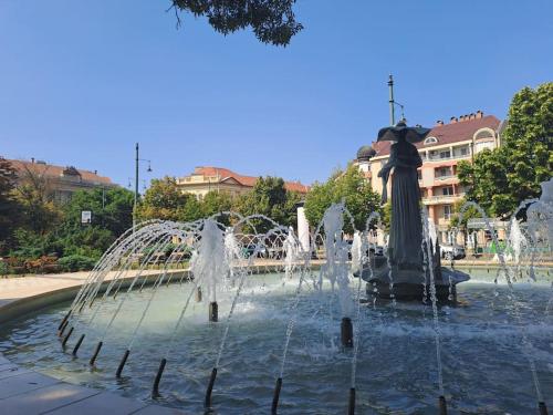 uma fonte num parque com água a sair em Andi Apartment Szeged Center em Szeged