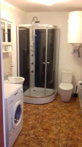 ein Bad mit einer Dusche, einem WC und einem Waschbecken in der Unterkunft Szary domek 1 in Wieprz