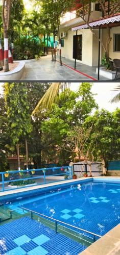 zwei Bilder eines Schwimmbads in einer Stadt in der Unterkunft Classic Villa 3BHK Villa in Chondi Alibag in Alībāg