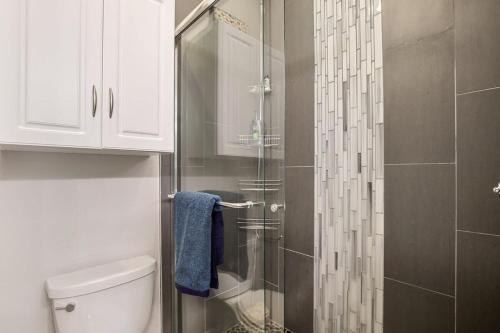 a bathroom with a glass shower with a toilet at 2 BDR Home Roof Deck plus Walk to Broncos and Sloans Lake in Denver