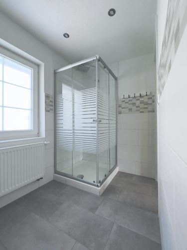 a glass shower in a bathroom with a window at ADN Suites - NETFLIX - modern and smart in Günzburg