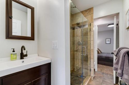 a bathroom with a sink and a shower at Gorgeous View in Town Walk to Lifts in Breckenridge