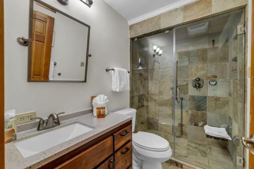 ein Badezimmer mit Dusche, Toilette und Waschbecken in der Unterkunft Centrally Located 1 BDR Condo Near Everything in Park City