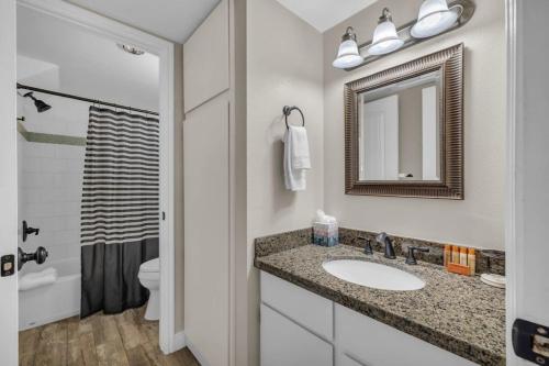 a bathroom with a sink and a mirror and a toilet at 2BD Condo with Ski Run Views and Hot Tub Access in Park City