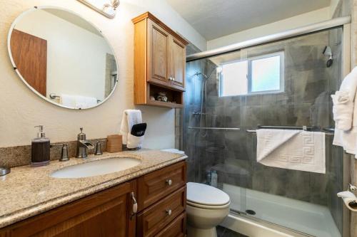 a bathroom with a shower and a sink and a toilet at Serene 5BDR Near Beach and Forest Trails in Carnelian Bay