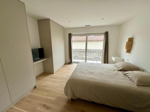 a bedroom with a large bed and a television at Studio suite climatisé avec balcon, kitchenette équipée, douche, baignoire, wc et bureau in Genay