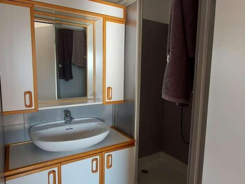 une salle de bain avec un lavabo, un miroir et une douche dans l'établissement Appartement rénové 4 pers avec loggia et parking, à 50m de la plage! - FR-1-326-757, à Marseillan