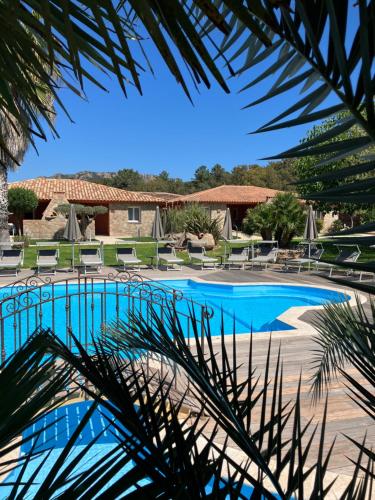 a view of a swimming pool from a palm tree at Résidence Dolce Vita de Palombaggia in Porto-Vecchio