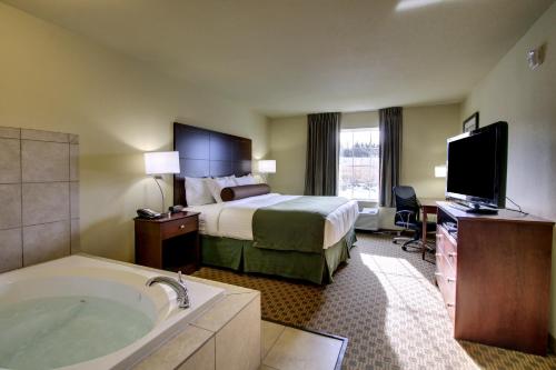 a hotel room with a bed and a tub and a television at Cobblestone Inn & Suites - Hartington in Hartington