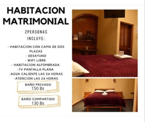 a flyer for a hotel room with a bed and a sign at Hotel Don Nelo in La Paz