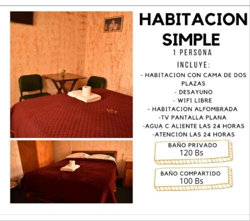 a flyer for a hotel room with a bed and a table at Hotel Don Nelo in La Paz