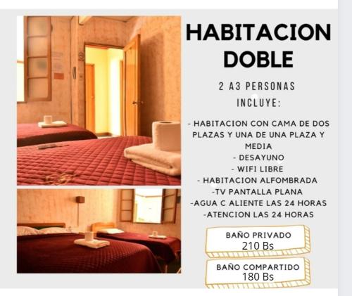 a flyer for a hotel room with two beds at Hotel Don Nelo in La Paz