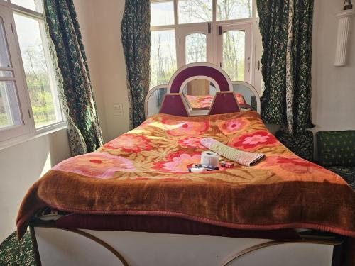 ein Schlafzimmer mit einem Bett mit einer Decke und einem Spiegel in der Unterkunft Enchanting Kashmir homestay in Srinagar