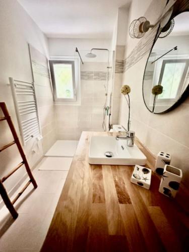 une salle de bain avec un lavabo et un miroir dans l'établissement Appartement avec jardin, à Cassis