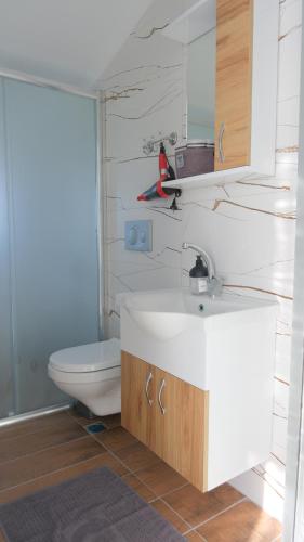 ein Badezimmer mit einem weißen Waschbecken und einem WC in der Unterkunft KRABİ APART in Antalya