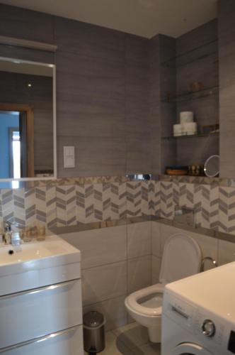 La salle de bains est pourvue de toilettes et d'un lavabo. dans l'établissement Apartament Rakownica, à Jelenia Góra