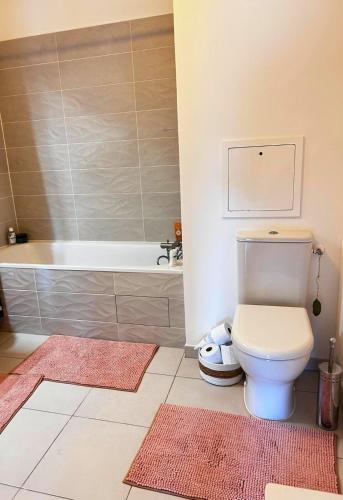une salle de bain avec toilettes et baignoire dans l'établissement Barba Artful Flat, cosy flat 10 minutes from Paris, à Romainville