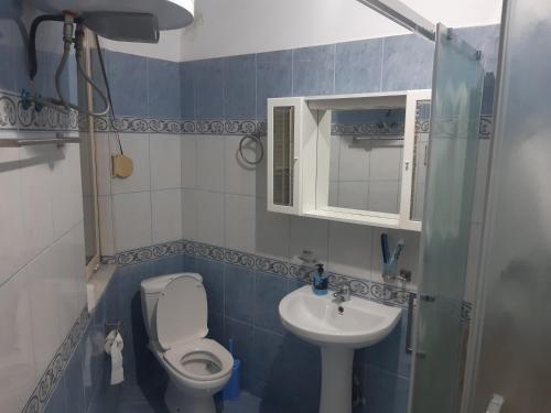 a small bathroom with a toilet and a sink at Emily House in Fier