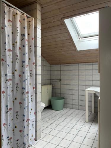 a bathroom with a shower curtain with a window at Cozy Apartment in Billund in Billund