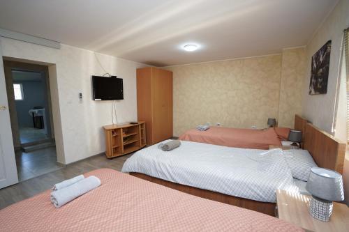 a hotel room with two beds and a flat screen tv at Champions Apartmani in Kladovo
