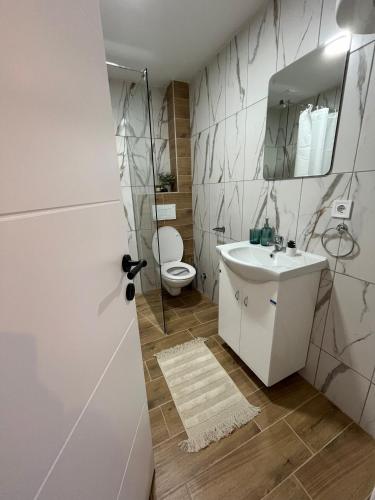 a bathroom with a white sink and a toilet at Apartmani Živković in Veliko Gradište