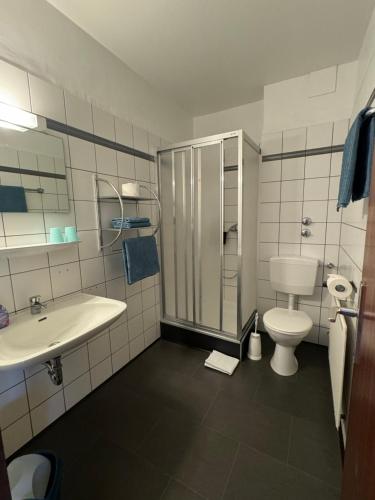 y baño con ducha, aseo y lavamanos. en Gästehaus Zur Schmiede en Burghaun