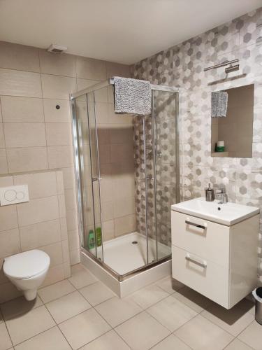 a bathroom with a shower and a toilet and a sink at Apartman Kuzmanyho Žilina centrum in Žilina