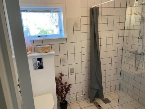 a bathroom with a shower with a toilet and a window at Marielyst Beach and downtown rooms in Bøtø By