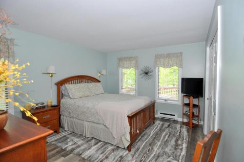 a bedroom with a bed and a tv and two windows at Herons Rest - Escape by the River in Great Cacapon