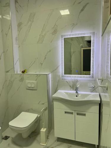 a bathroom with a sink and a toilet and a mirror at Perdja Apartment III in Velipojë