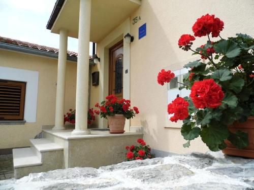 a house with red flowers on the side of it at In der Nähe des Meeres, schöne und moderne Wohnung in Porat