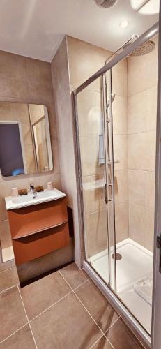 W łazience znajduje się prysznic i umywalka. w obiekcie HOTEL FORMIO w Paryżu