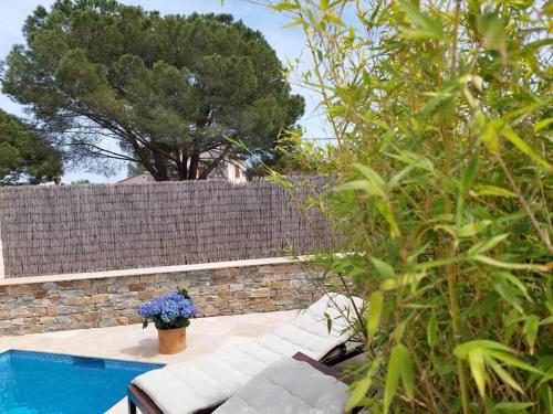 a backyard with a swimming pool and a fence at Maison Gamine mit privatem Pool in Cogolin