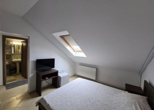 ヴァマ・ヴェケにあるVila Dini(La Rogojini)のベッドとテレビと窓のある寝室